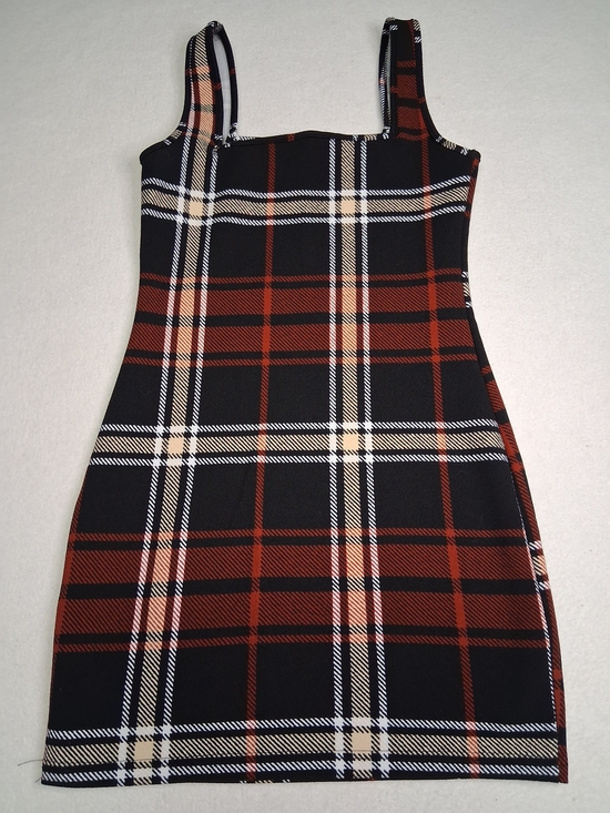 Dresses & Skirts - Plaid Mini Dress with Straps - Black & Rust